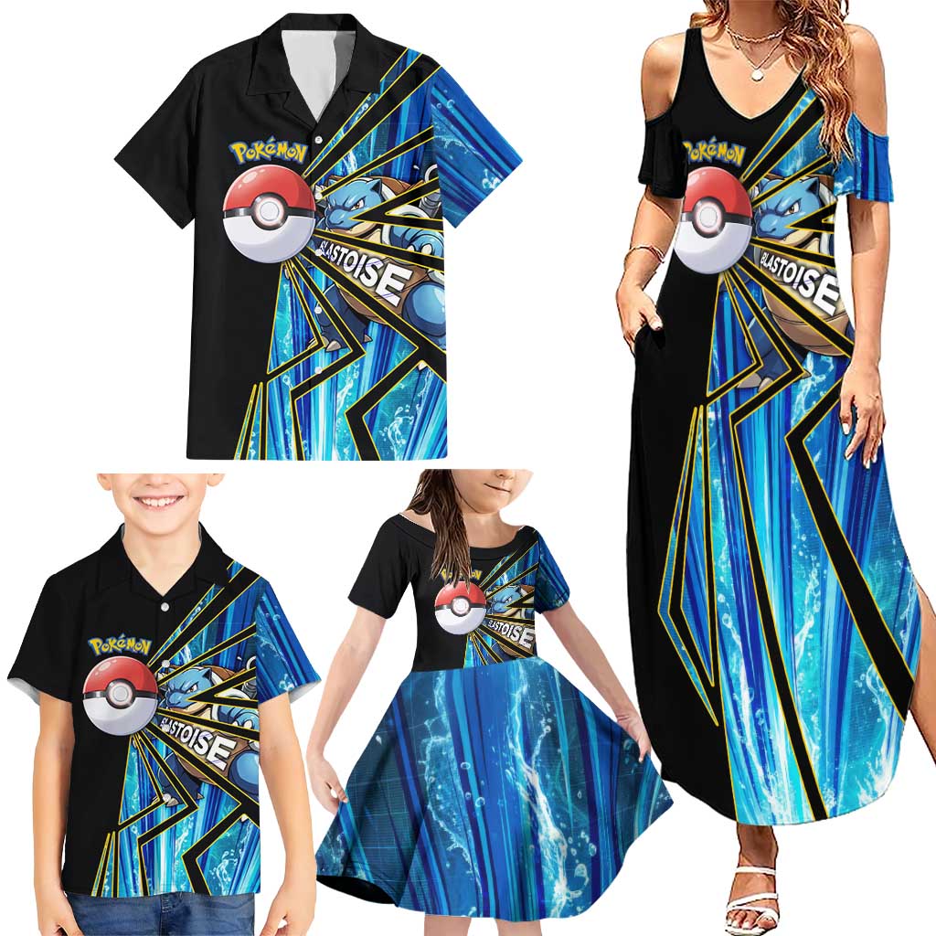 Blastoise Poké Family Matching Summer Maxi Dress and Hawaiian Shirt Aqua Burst Comic Style