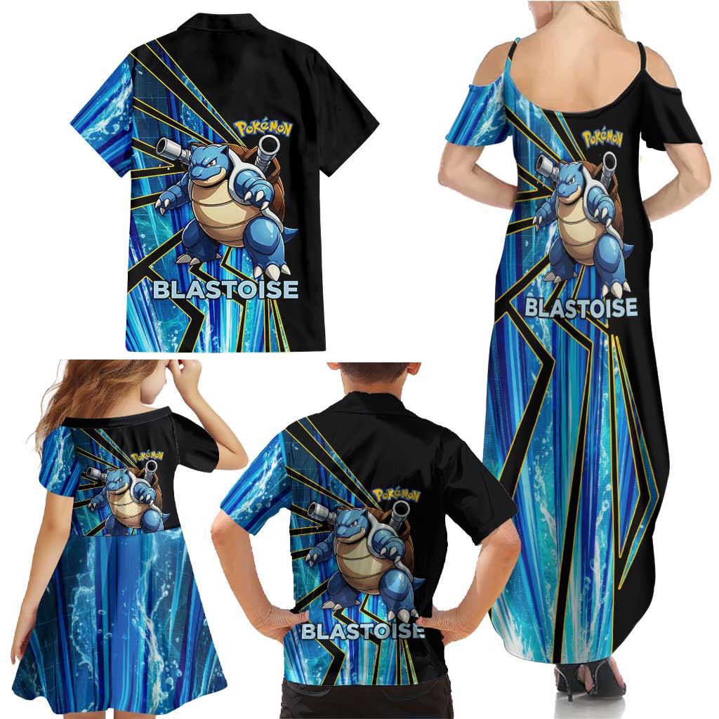 Blastoise Poké Family Matching Summer Maxi Dress and Hawaiian Shirt Aqua Burst Comic Style