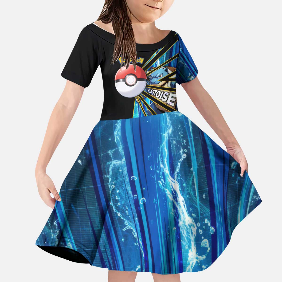 Blastoise Poké Kid Short Sleeve Dress Aqua Burst Comic Style