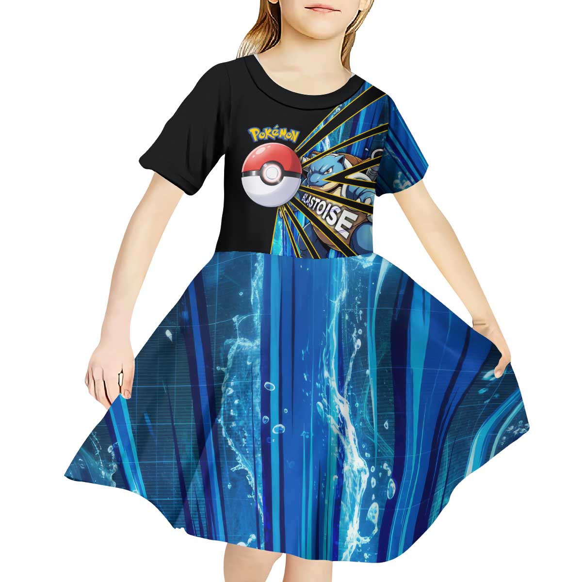 Blastoise Poké Kid Short Sleeve Dress Aqua Burst Comic Style