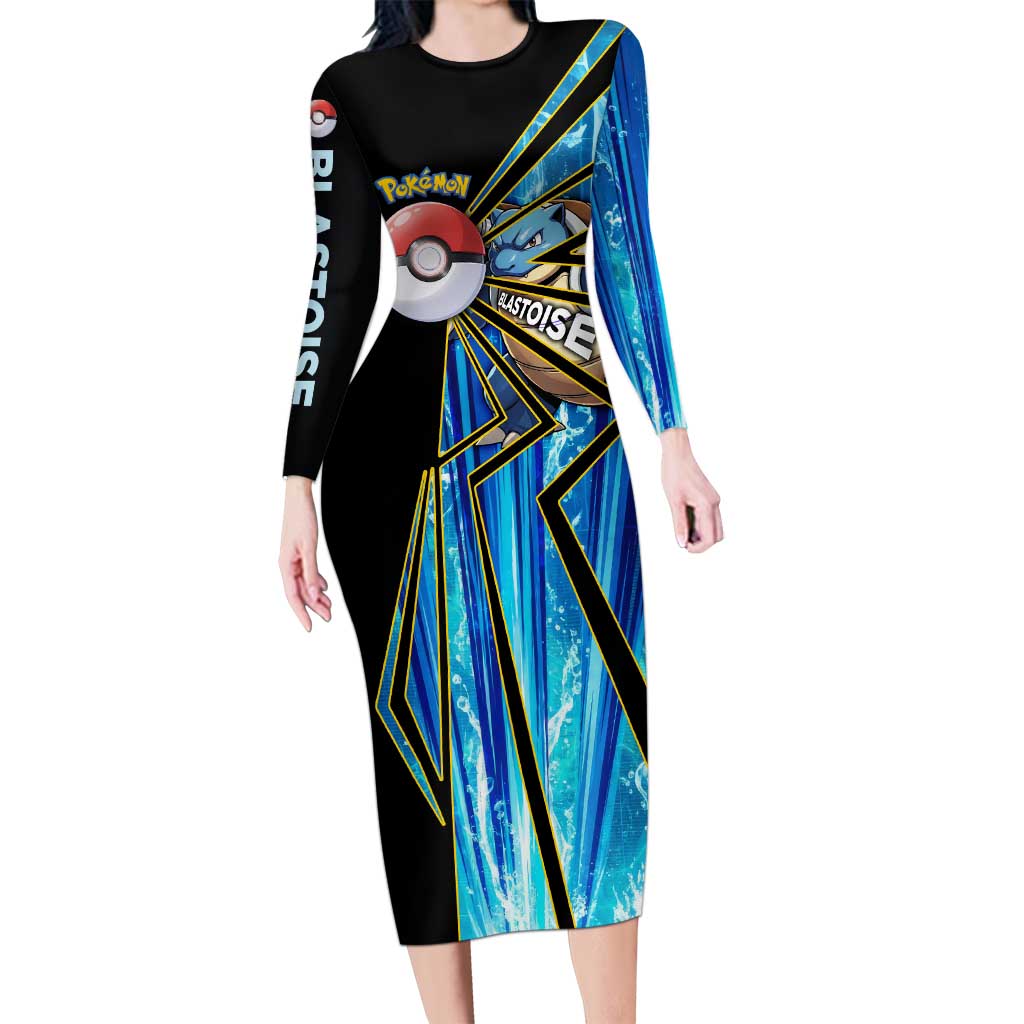 Blastoise Poké Long Sleeve Bodycon Dress Aqua Burst Comic Style