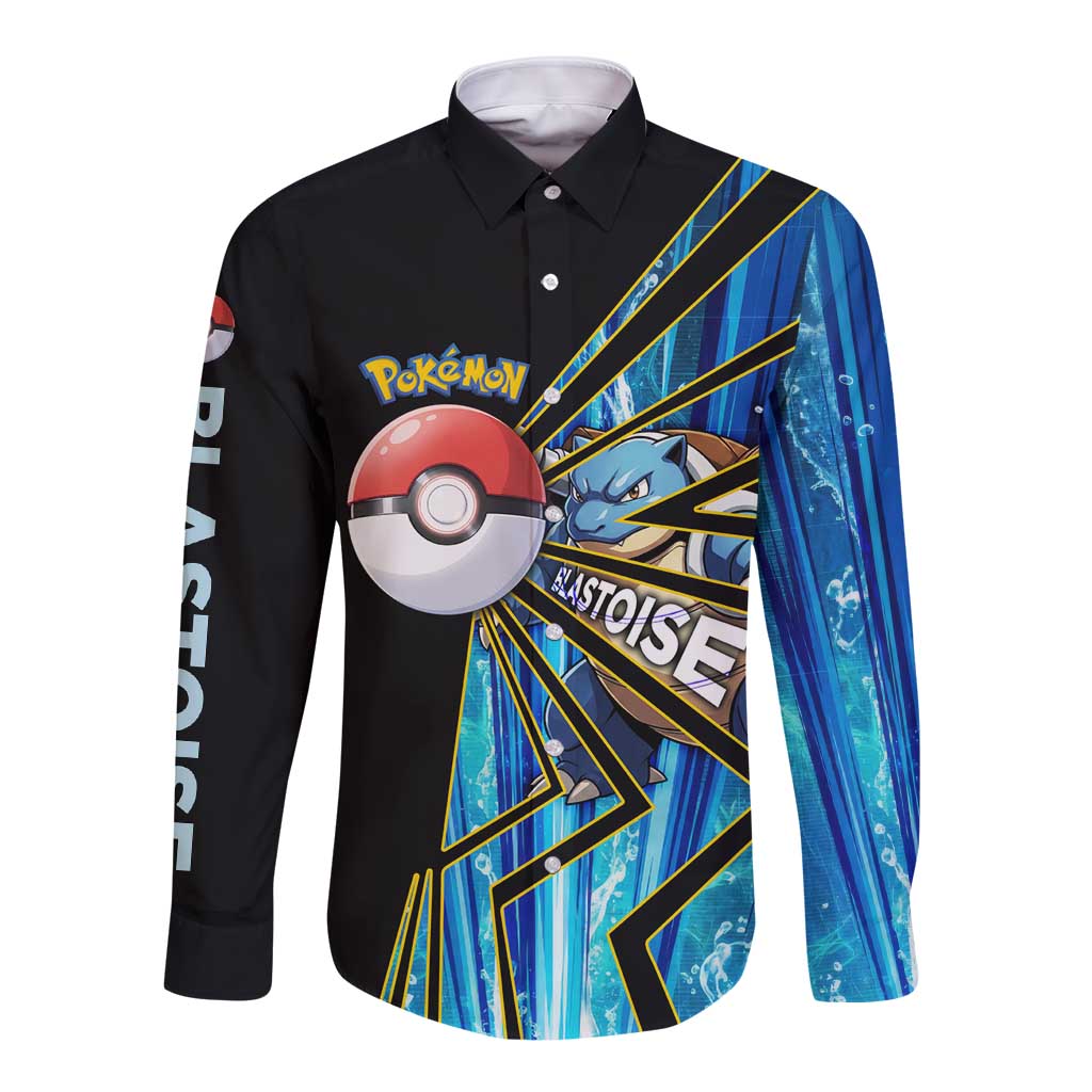 Blastoise Poké Long Sleeve Button Shirt Aqua Burst Comic Style