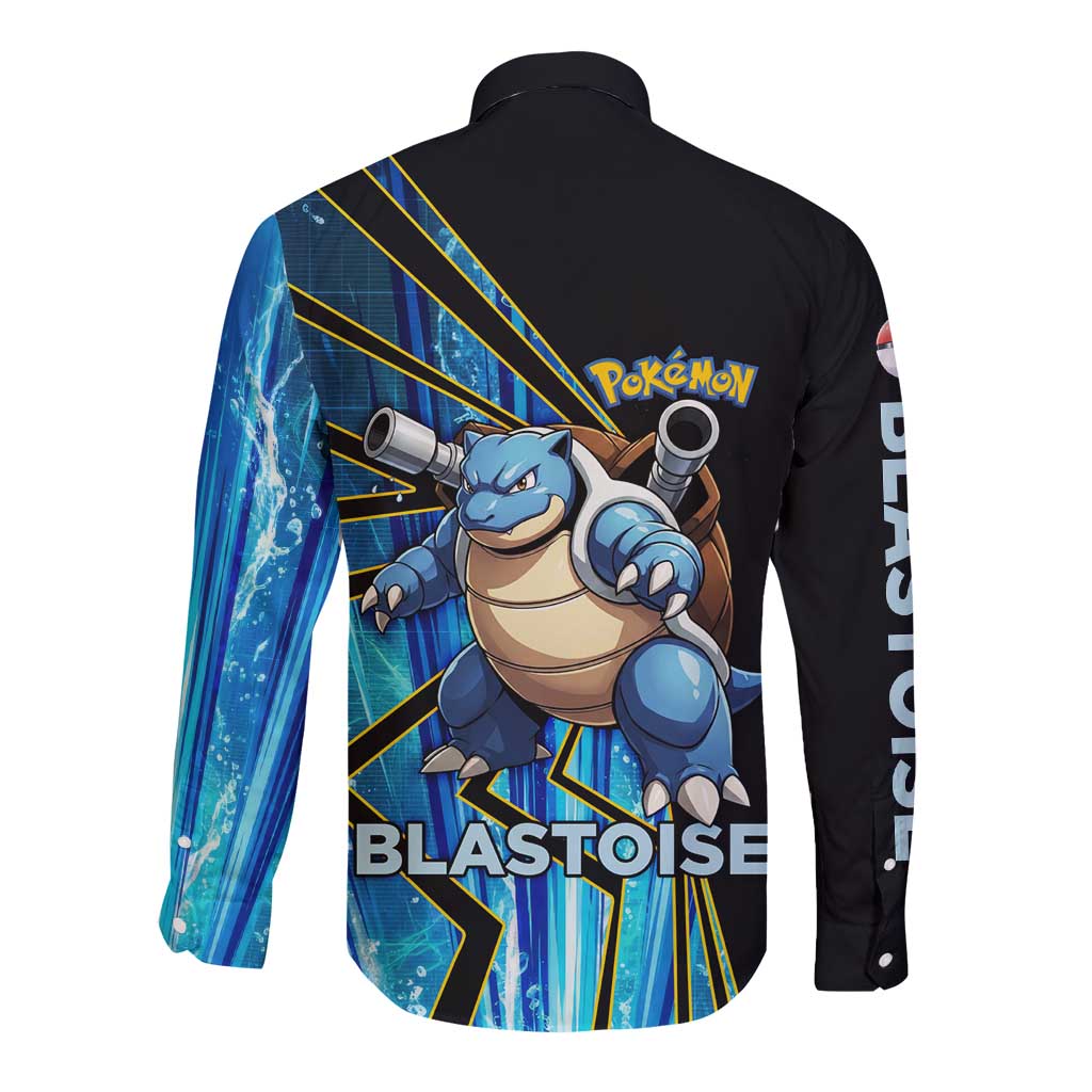 Blastoise Poké Long Sleeve Button Shirt Aqua Burst Comic Style