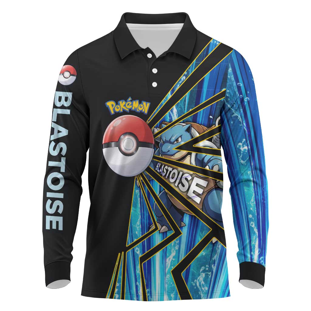 Blastoise Poké Long Sleeve Polo Shirt Aqua Burst Comic Style