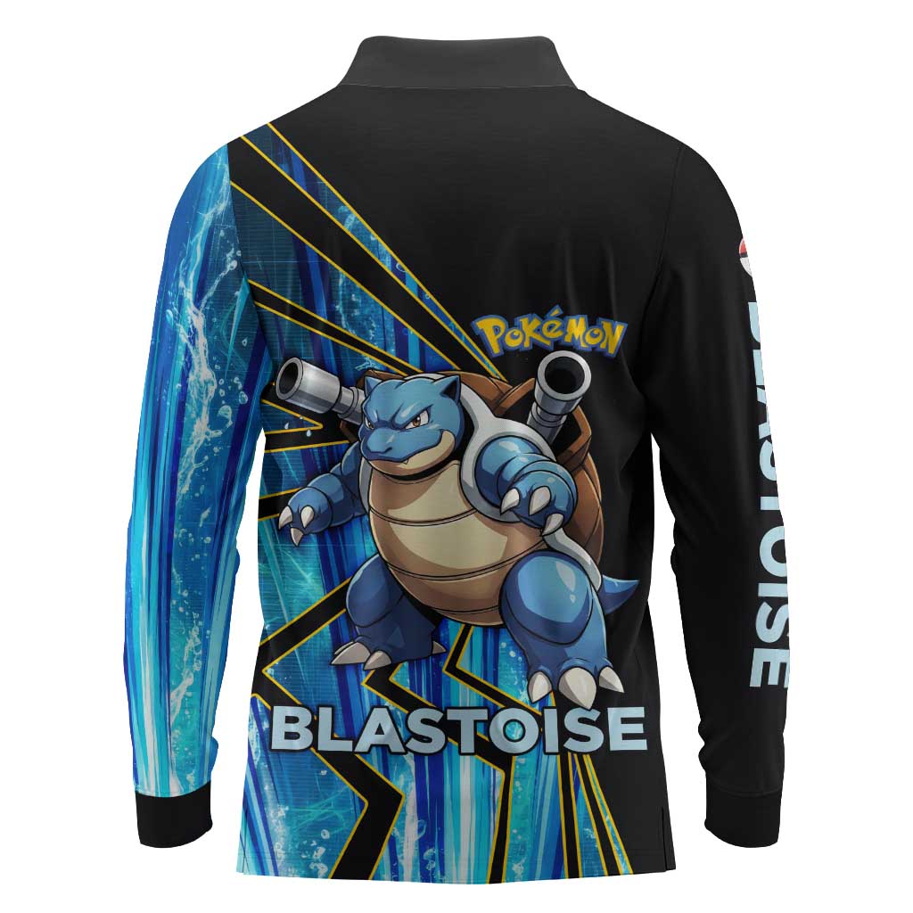 Blastoise Poké Long Sleeve Polo Shirt Aqua Burst Comic Style