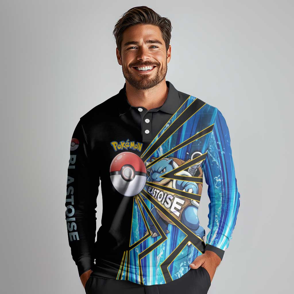 Blastoise Poké Long Sleeve Polo Shirt Aqua Burst Comic Style