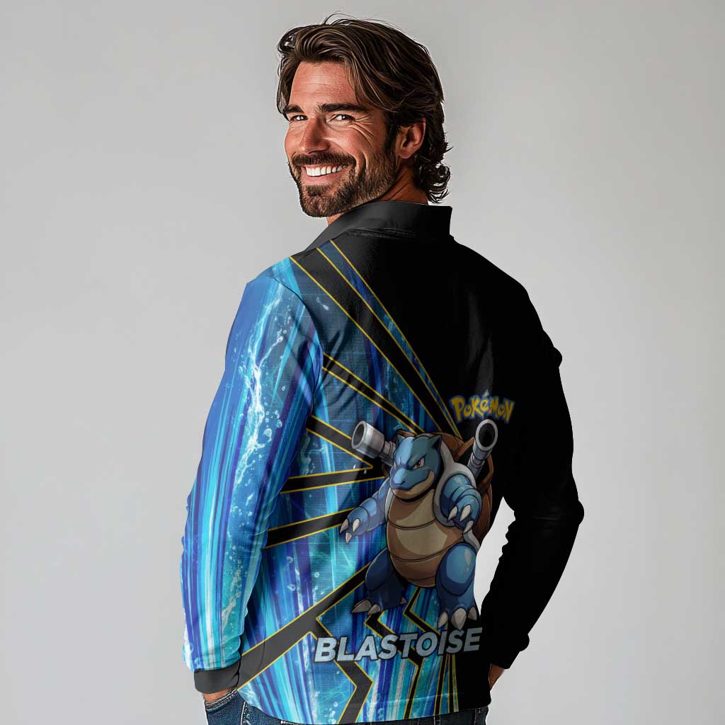 Blastoise Poké Long Sleeve Polo Shirt Aqua Burst Comic Style