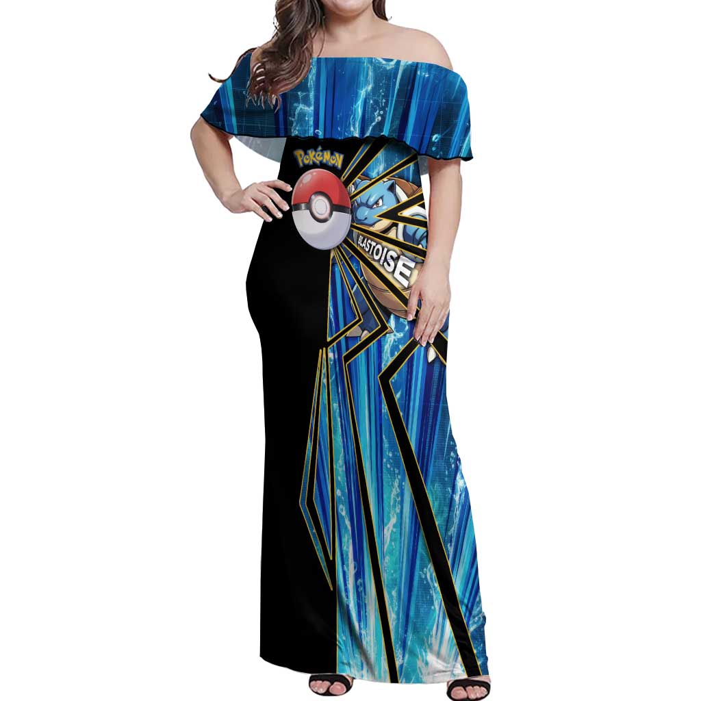 Blastoise Poké Off Shoulder Maxi Dress Aqua Burst Comic Style
