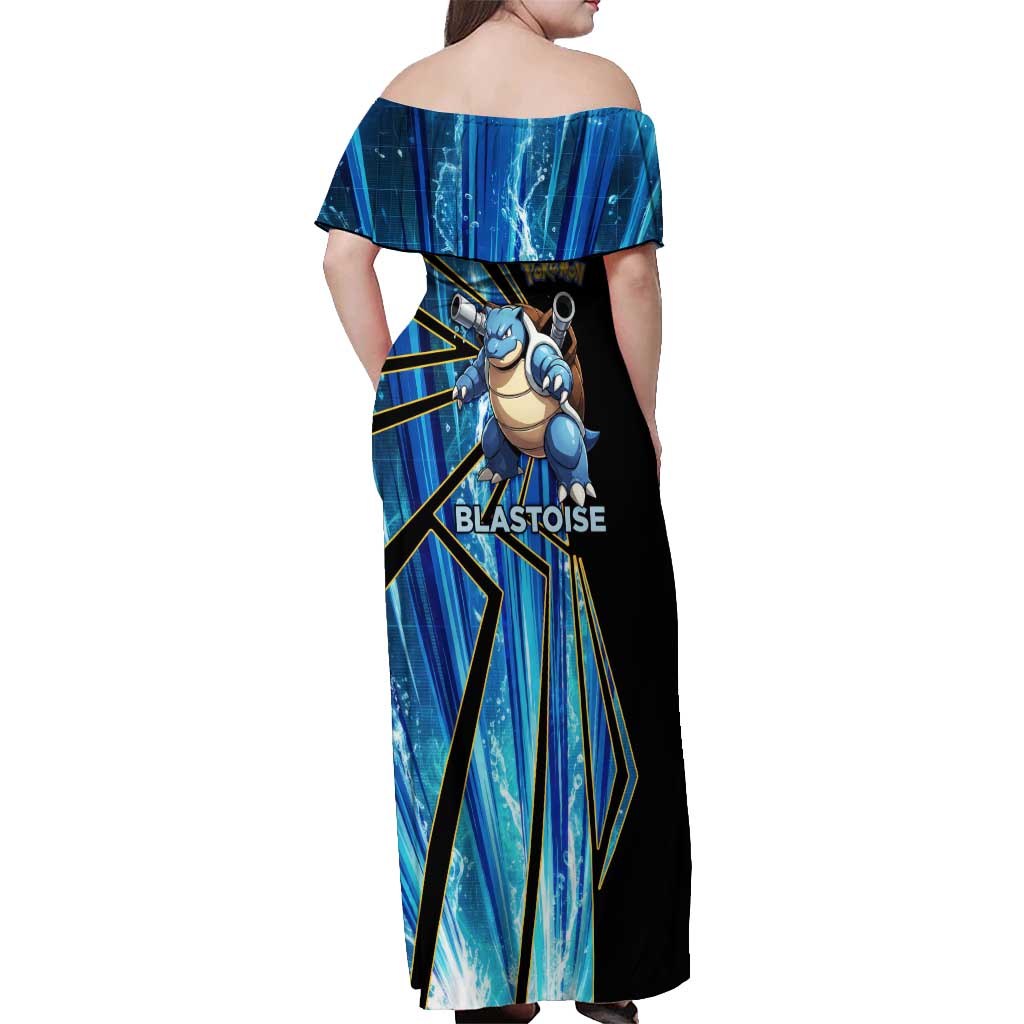 Blastoise Poké Off Shoulder Maxi Dress Aqua Burst Comic Style