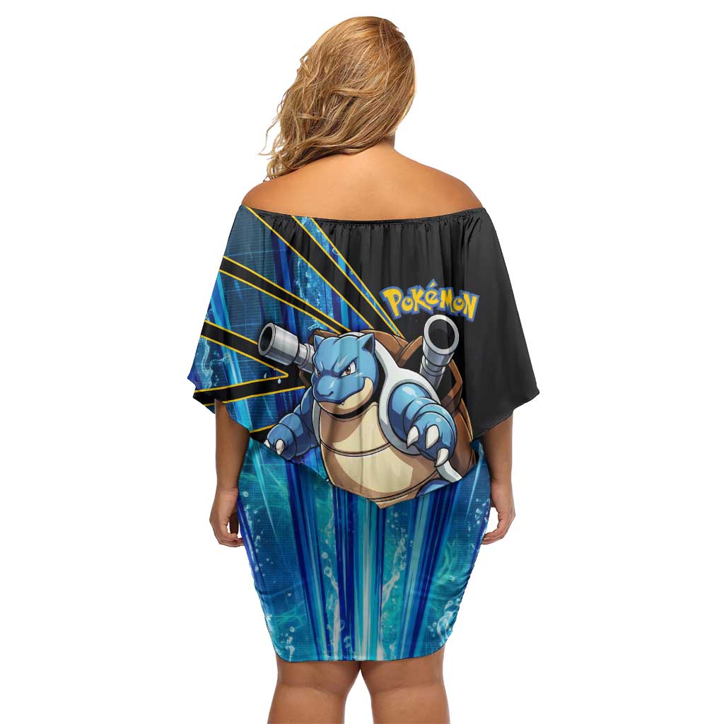 Blastoise Poké Off Shoulder Short Dress Aqua Burst Comic Style