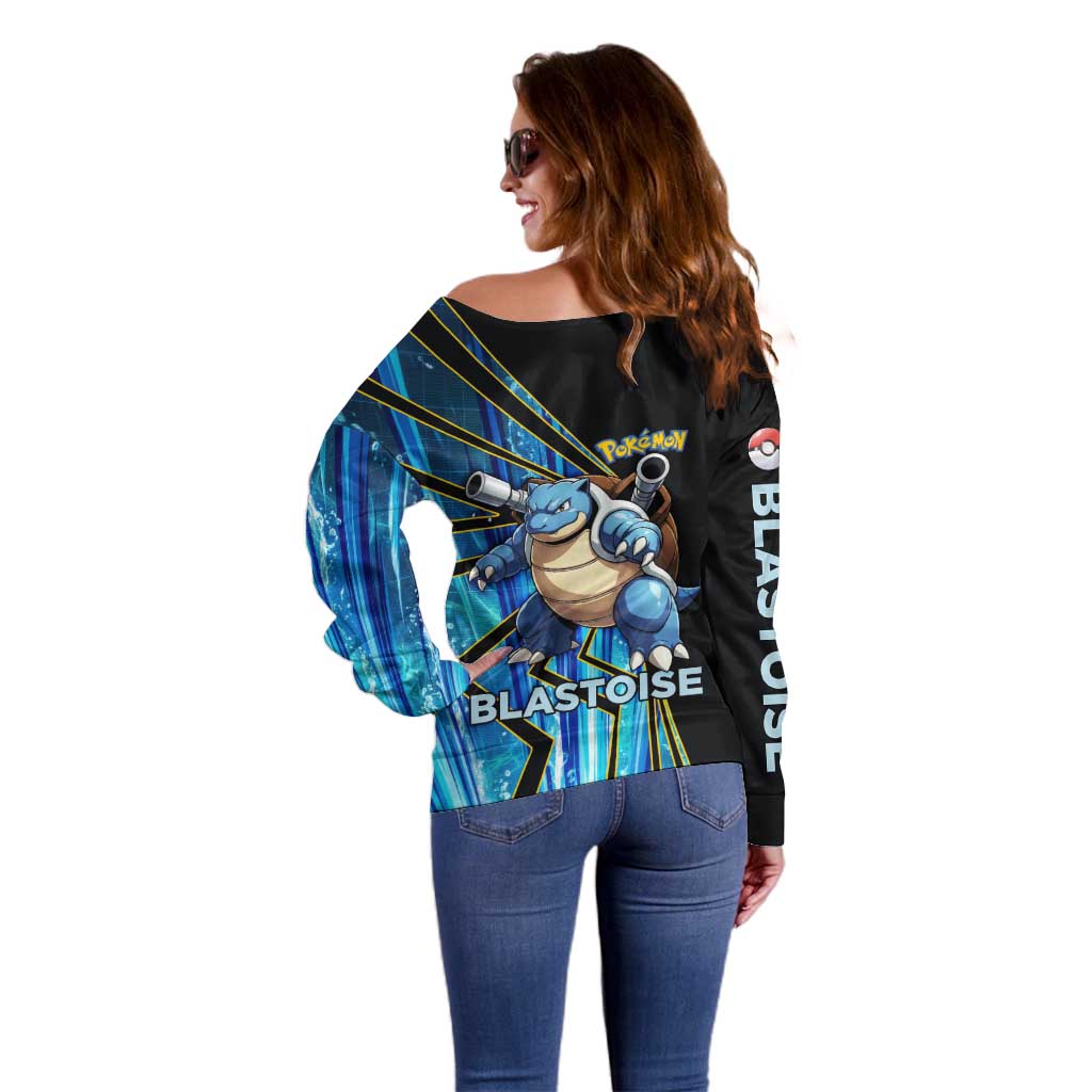Blastoise Poké Off Shoulder Sweater Aqua Burst Comic Style