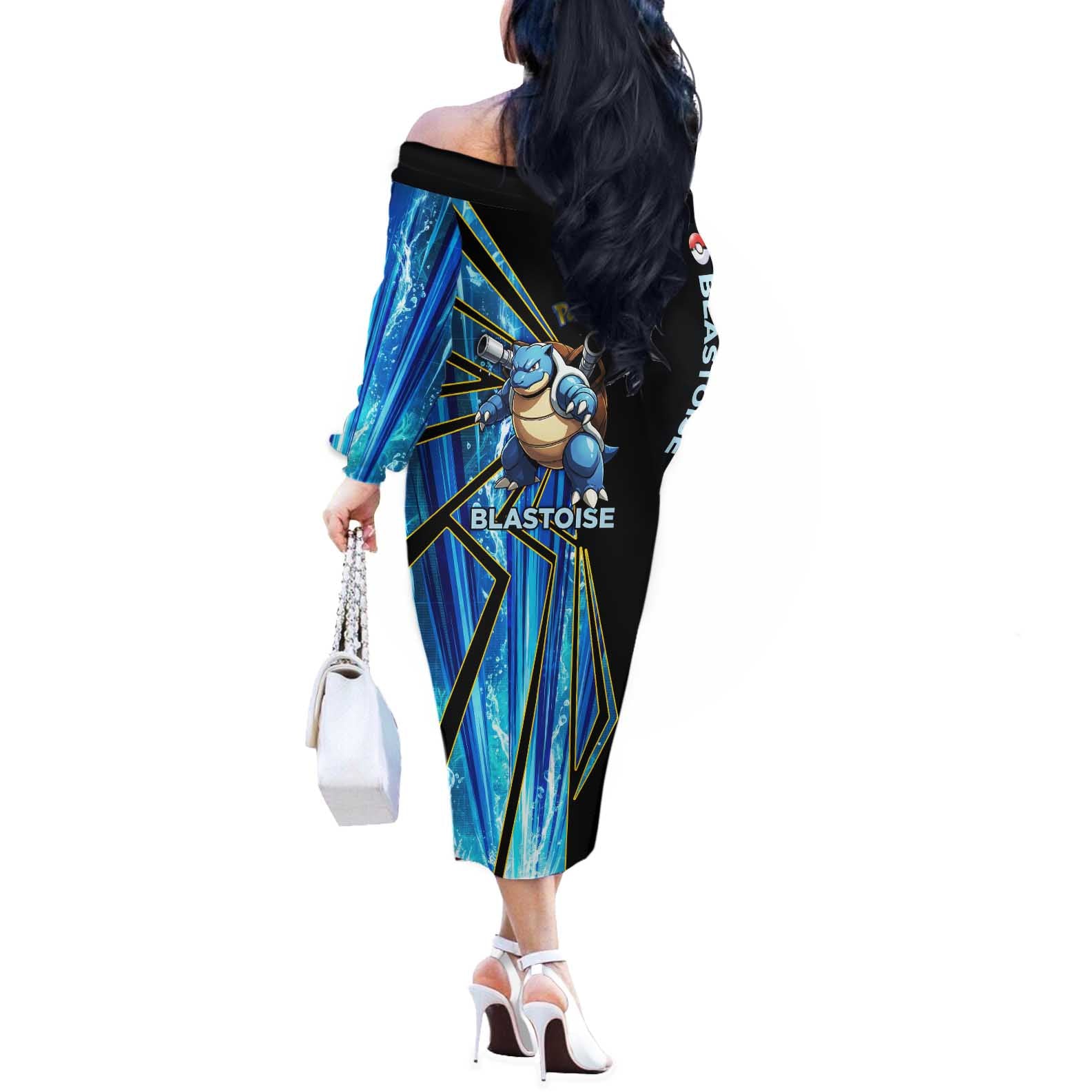 Blastoise Poké Off The Shoulder Long Sleeve Dress Aqua Burst Comic Style