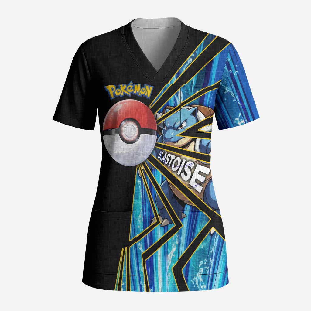 Blastoise Poké Scrub Top Aqua Burst Comic Style