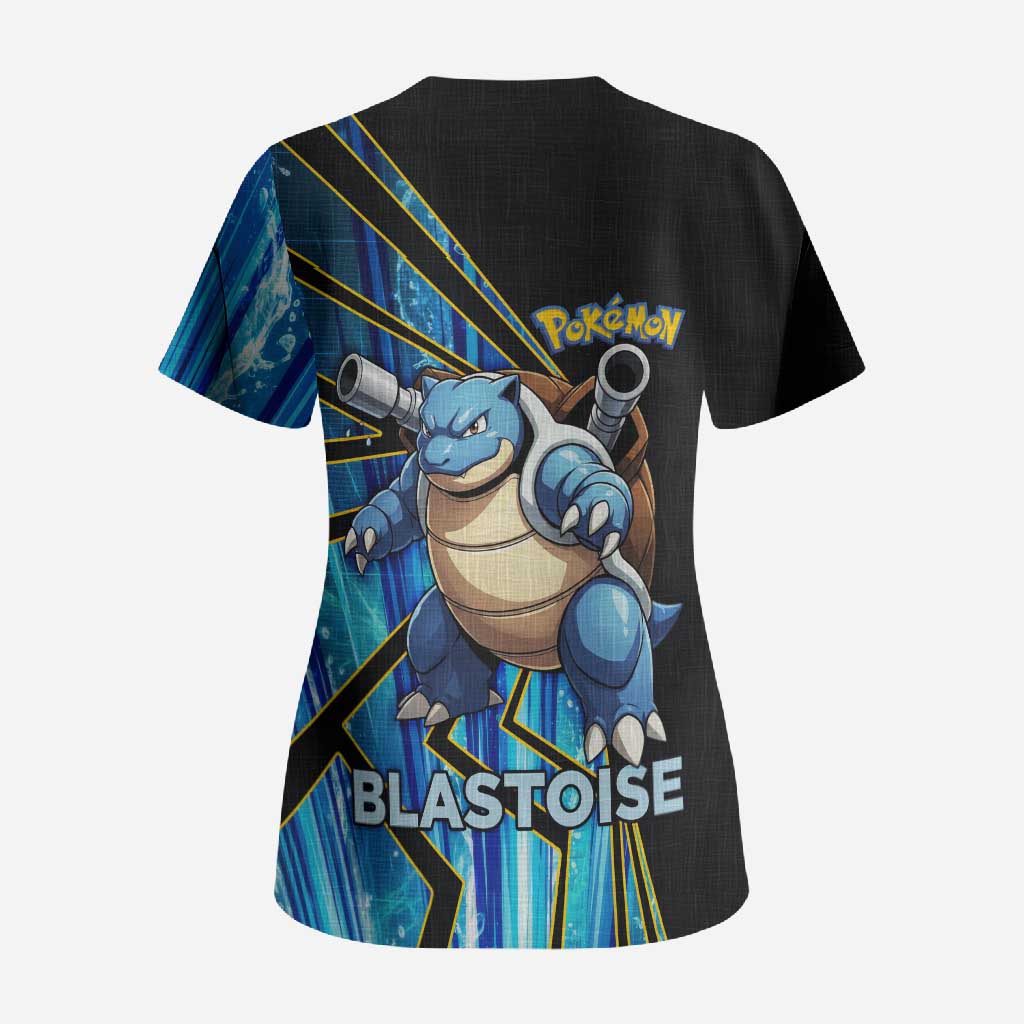 Blastoise Poké Scrub Top Aqua Burst Comic Style