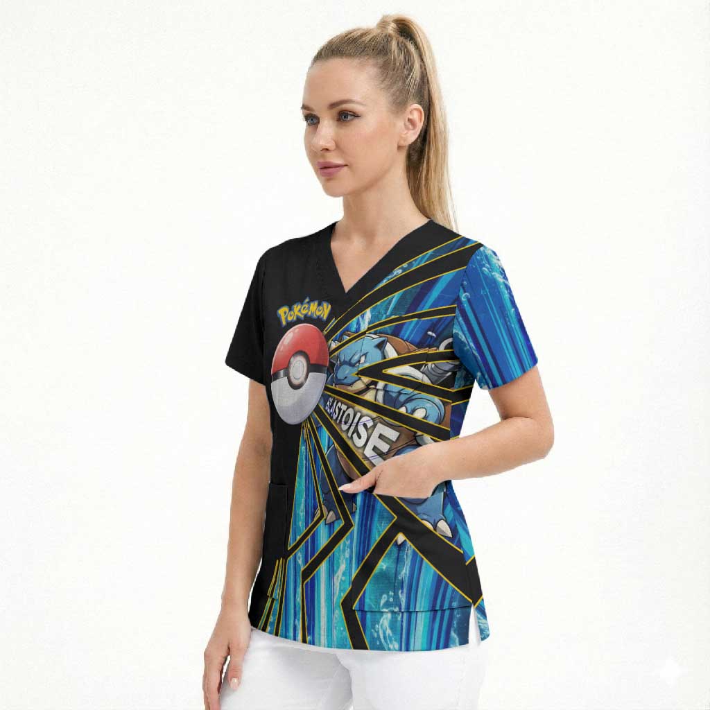 Blastoise Poké Scrub Top Aqua Burst Comic Style