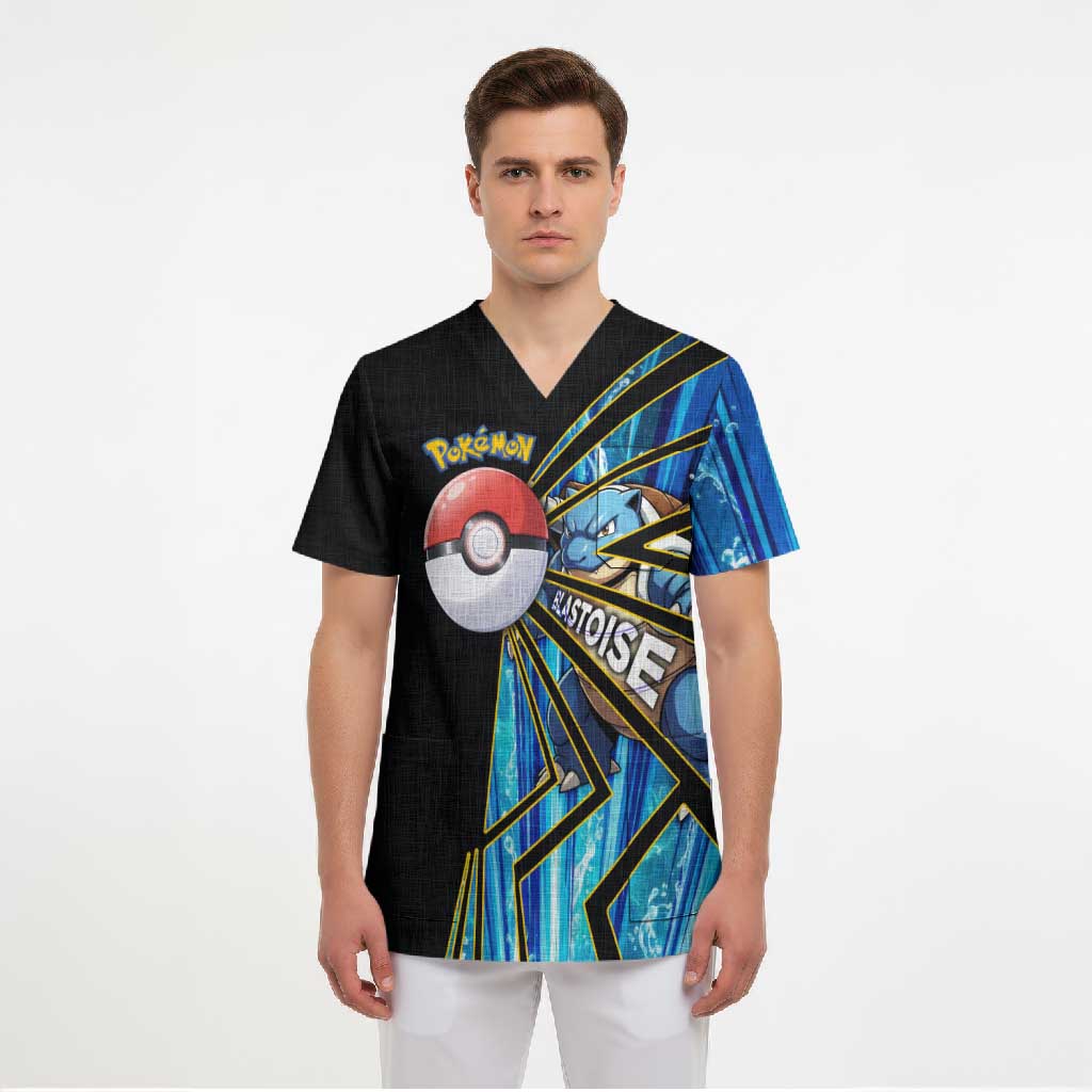 Blastoise Poké Scrub Top Aqua Burst Comic Style