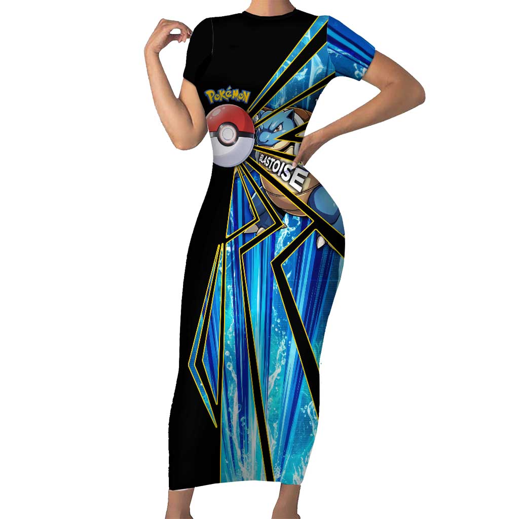 Blastoise Poké Short Sleeve Bodycon Dress Aqua Burst Comic Style