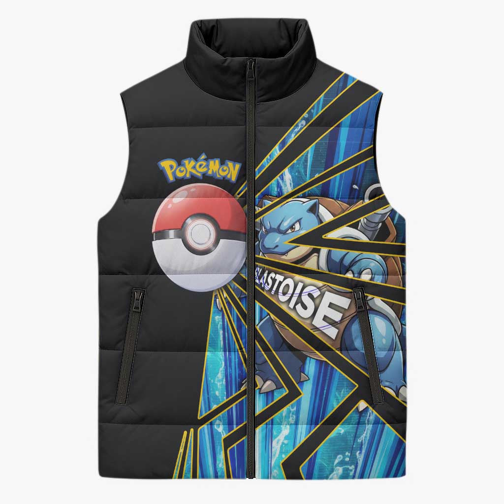 Blastoise Poké Sleeveless Puffer Jacket Aqua Burst Comic Style
