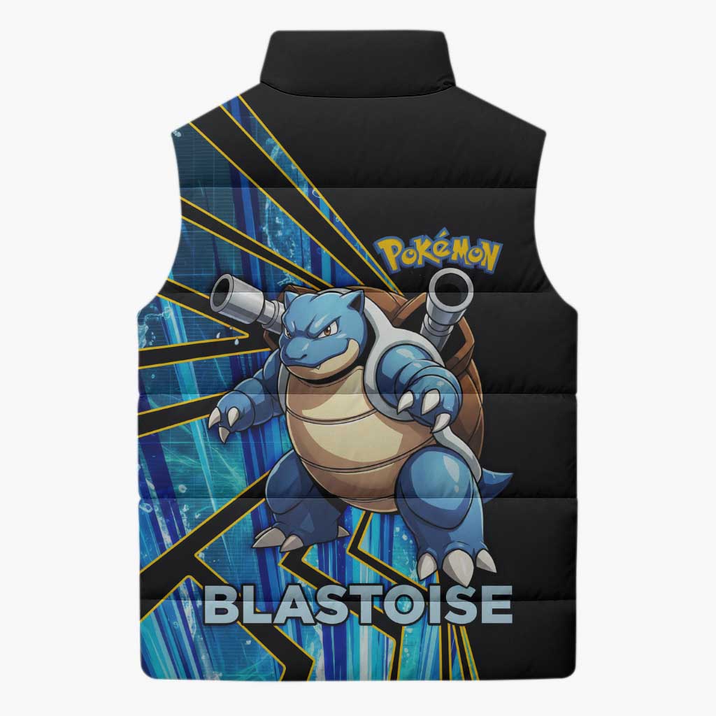 Blastoise Poké Sleeveless Puffer Jacket Aqua Burst Comic Style