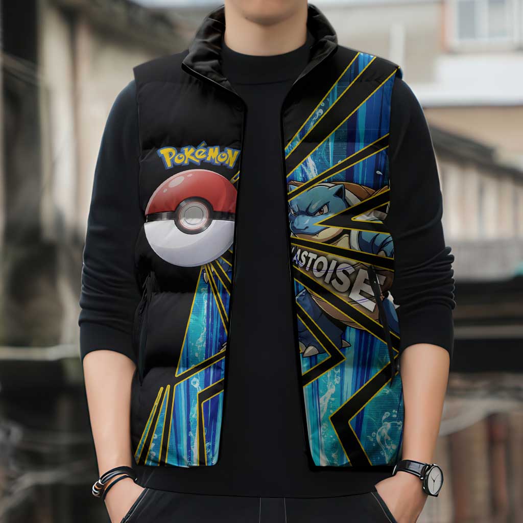 Blastoise Poké Sleeveless Puffer Jacket Aqua Burst Comic Style