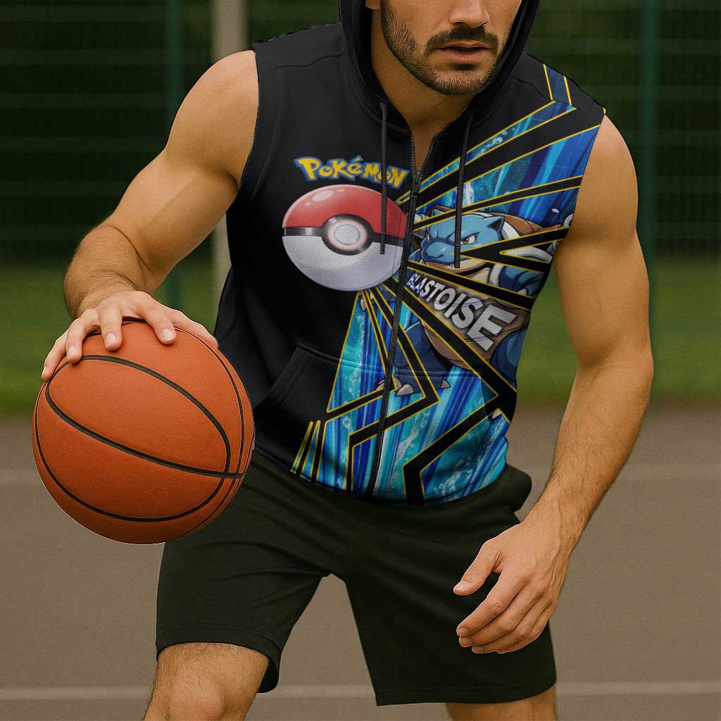 Blastoise Poké Sleeveless Zip Hoodie Aqua Burst Comic Style