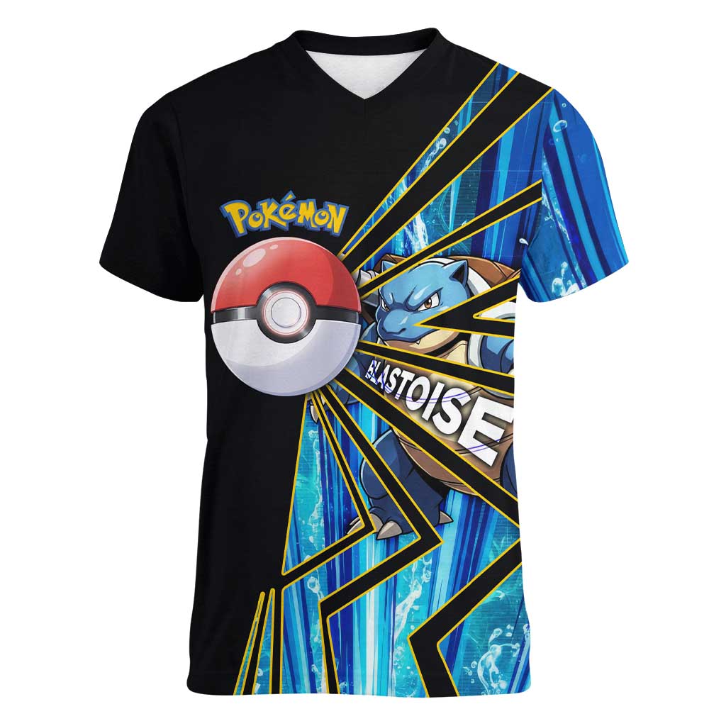 Blastoise Poké Women V-Neck T-Shirt Aqua Burst Comic Style