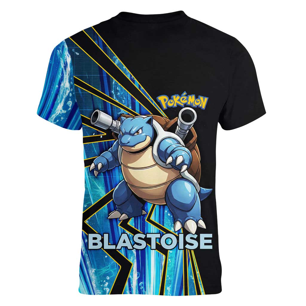 Blastoise Poké Women V-Neck T-Shirt Aqua Burst Comic Style