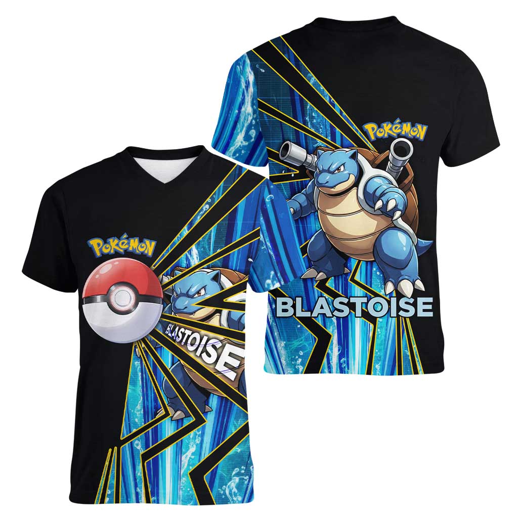 Blastoise Poké Women V-Neck T-Shirt Aqua Burst Comic Style