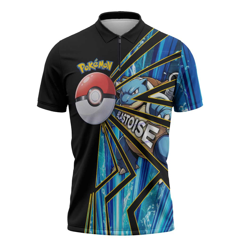 Blastoise Poké Zipper Polo Shirt Aqua Burst Comic Style