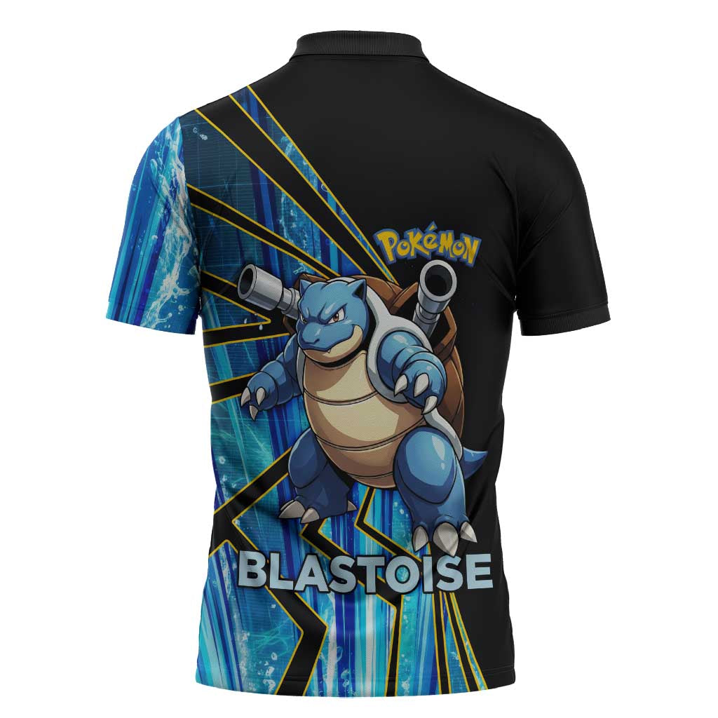 Blastoise Poké Zipper Polo Shirt Aqua Burst Comic Style