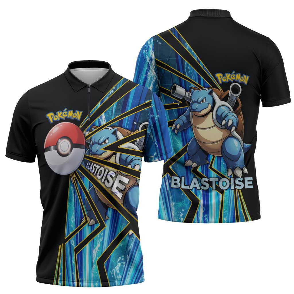 Blastoise Poké Zipper Polo Shirt Aqua Burst Comic Style