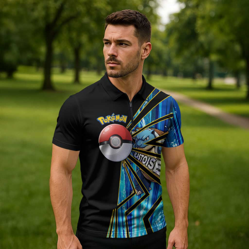 Blastoise Poké Zipper Polo Shirt Aqua Burst Comic Style