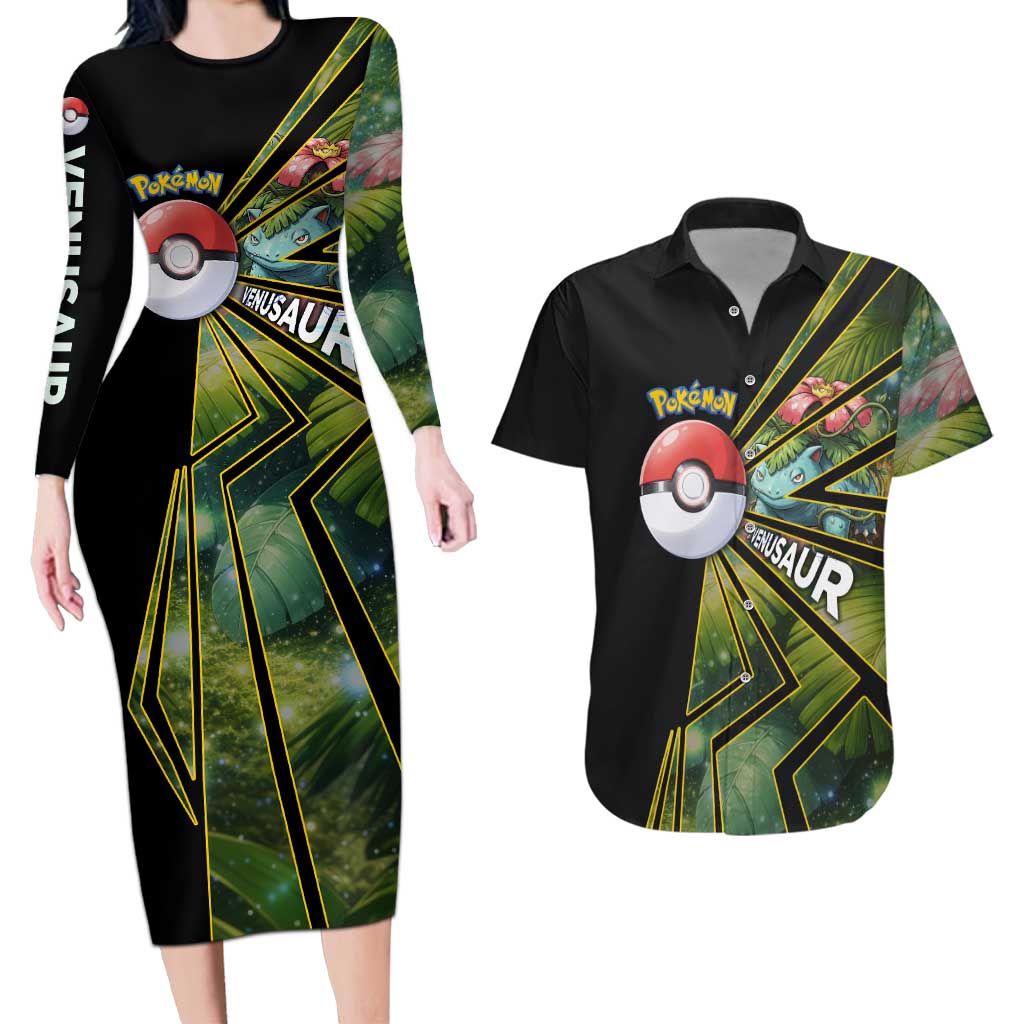 Venusaur Poké Couples Matching Long Sleeve Bodycon Dress and Hawaiian Shirt Jungle Flora Comic Style