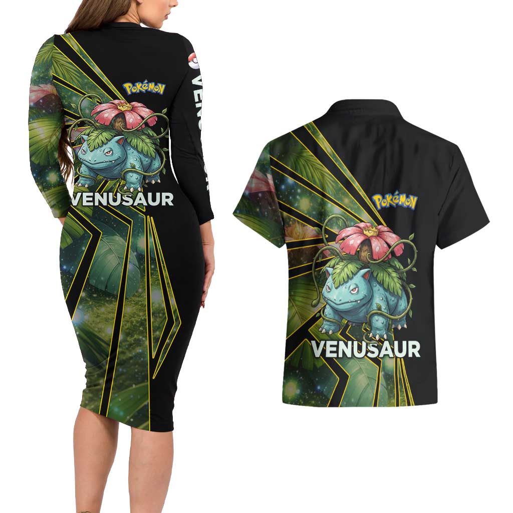 Venusaur Poké Couples Matching Long Sleeve Bodycon Dress and Hawaiian Shirt Jungle Flora Comic Style