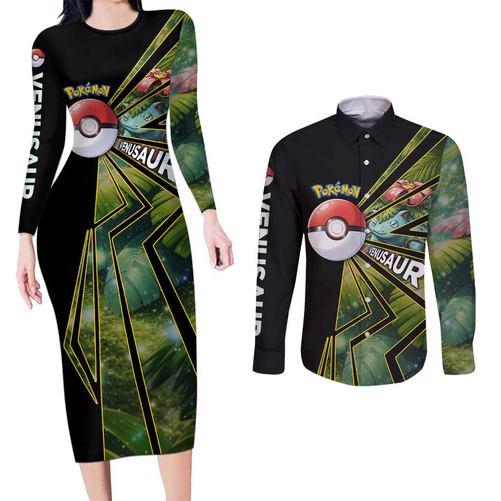 Venusaur Poké Couples Matching Long Sleeve Bodycon Dress and Long Sleeve Button Shirt Jungle Flora Comic Style
