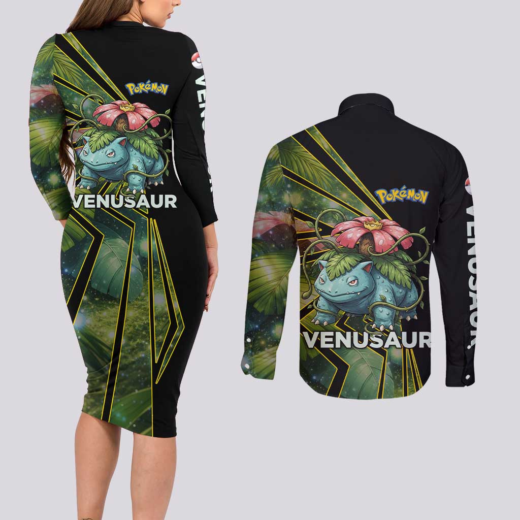 Venusaur Poké Couples Matching Long Sleeve Bodycon Dress and Long Sleeve Button Shirt Jungle Flora Comic Style
