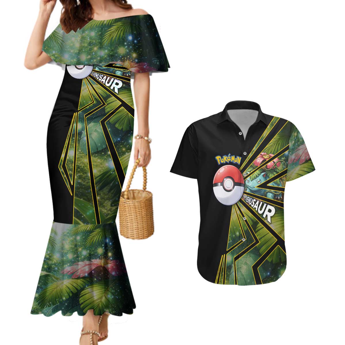 Venusaur Poké Couples Matching Mermaid Dress and Hawaiian Shirt Jungle Flora Comic Style
