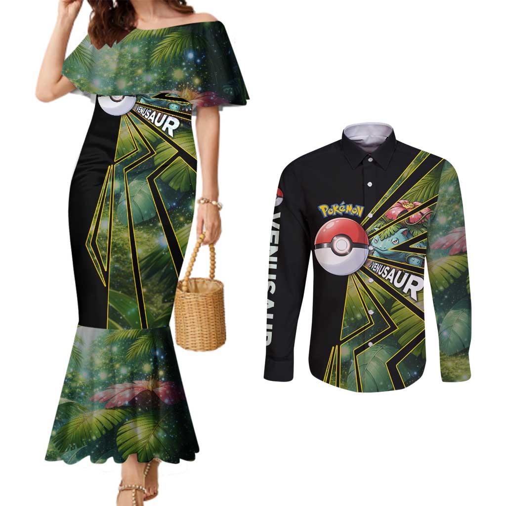 Venusaur Poké Couples Matching Mermaid Dress and Long Sleeve Button Shirt Jungle Flora Comic Style