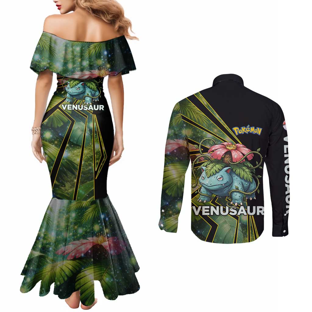 Venusaur Poké Couples Matching Mermaid Dress and Long Sleeve Button Shirt Jungle Flora Comic Style