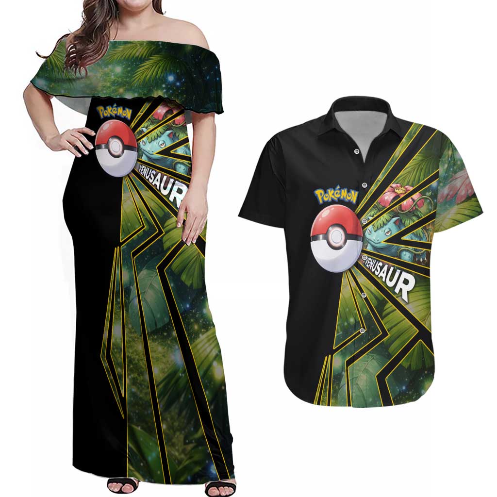 Venusaur Poké Couples Matching Off Shoulder Maxi Dress and Hawaiian Shirt Jungle Flora Comic Style