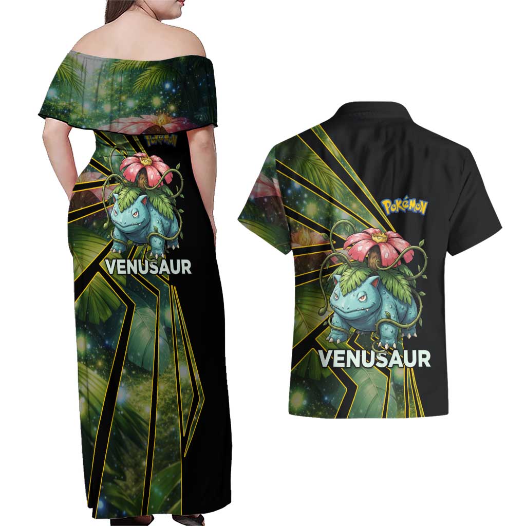Venusaur Poké Couples Matching Off Shoulder Maxi Dress and Hawaiian Shirt Jungle Flora Comic Style