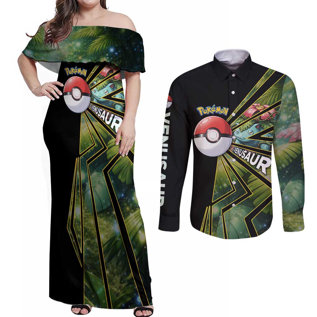 Venusaur Poké Couples Matching Off Shoulder Maxi Dress and Long Sleeve Button Shirt Jungle Flora Comic Style