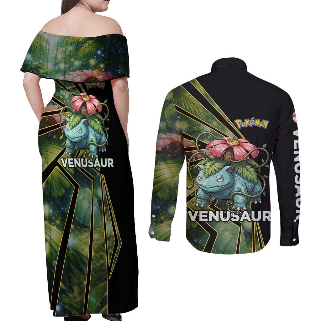 Venusaur Poké Couples Matching Off Shoulder Maxi Dress and Long Sleeve Button Shirt Jungle Flora Comic Style