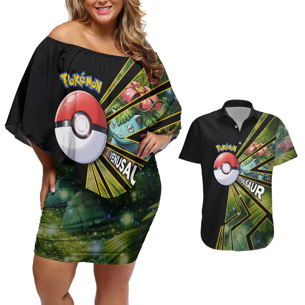 Venusaur Poké Couples Matching Off Shoulder Short Dress and Hawaiian Shirt Jungle Flora Comic Style