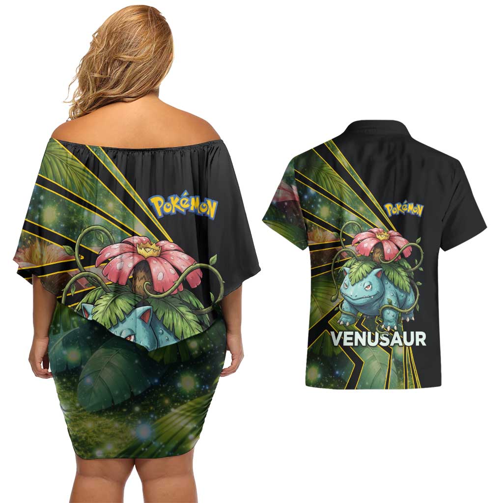 Venusaur Poké Couples Matching Off Shoulder Short Dress and Hawaiian Shirt Jungle Flora Comic Style
