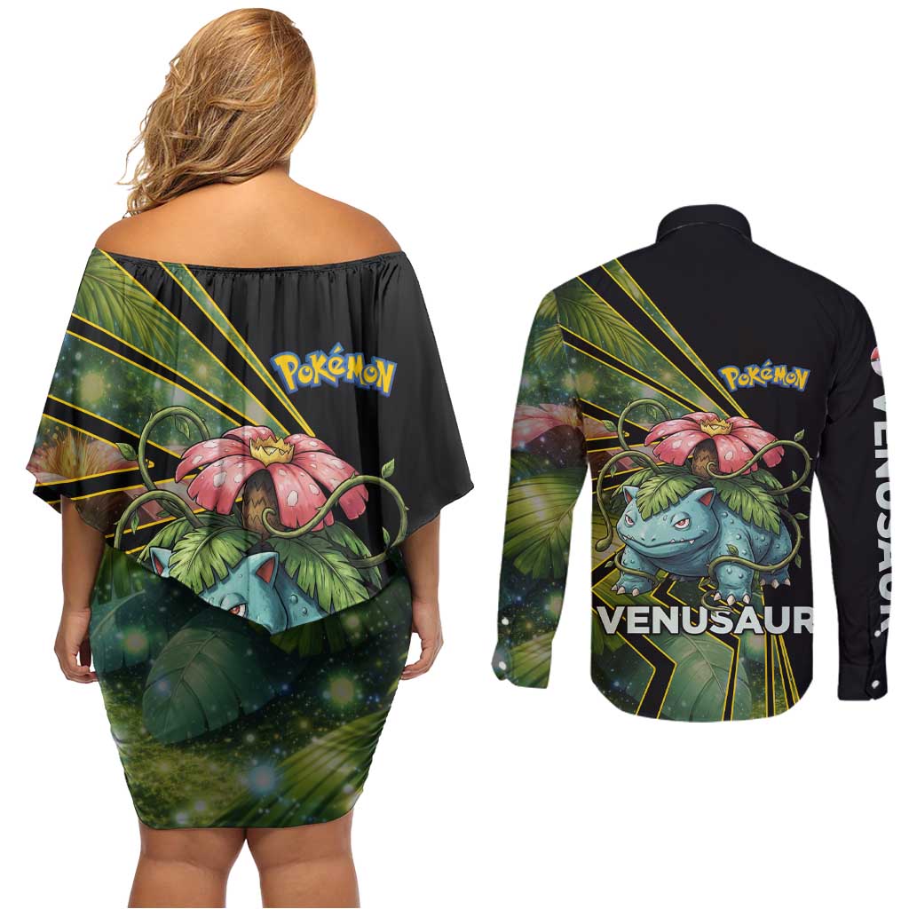 Venusaur Poké Couples Matching Off Shoulder Short Dress and Long Sleeve Button Shirt Jungle Flora Comic Style