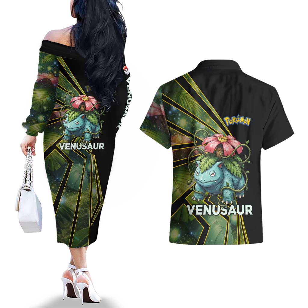 Venusaur Poké Couples Matching Off The Shoulder Long Sleeve Dress and Hawaiian Shirt Jungle Flora Comic Style
