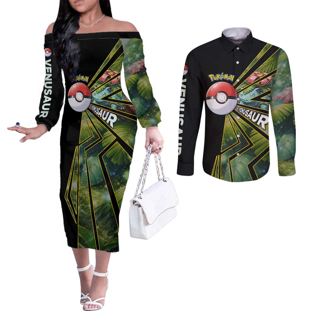 Venusaur Poké Couples Matching Off The Shoulder Long Sleeve Dress and Long Sleeve Button Shirt Jungle Flora Comic Style