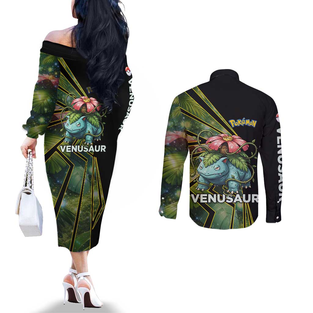 Venusaur Poké Couples Matching Off The Shoulder Long Sleeve Dress and Long Sleeve Button Shirt Jungle Flora Comic Style