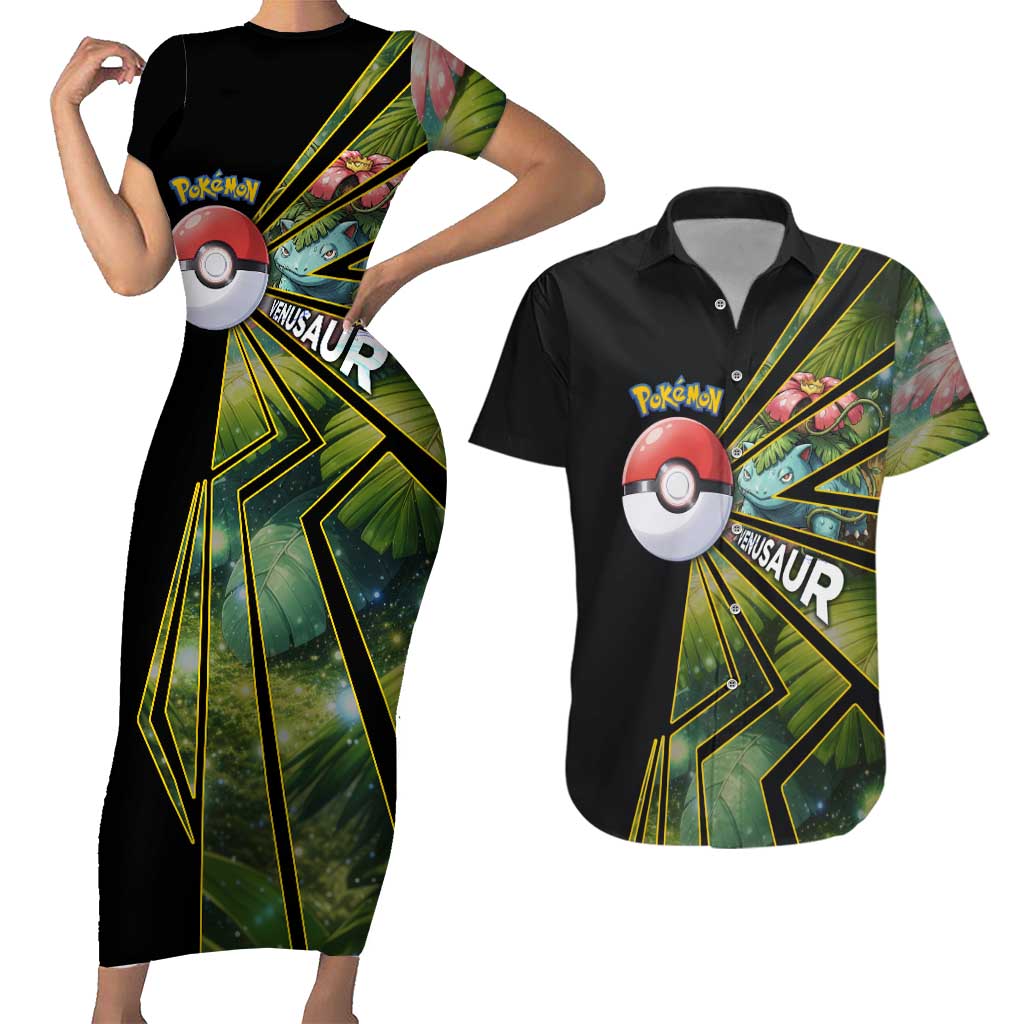 Venusaur Poké Couples Matching Short Sleeve Bodycon Dress and Hawaiian Shirt Jungle Flora Comic Style